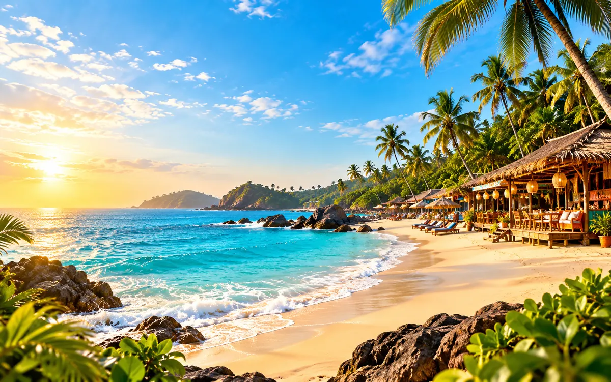Golden-hour Goa beach with palm trees, rocks, turquoise waves and thatched beach shacks