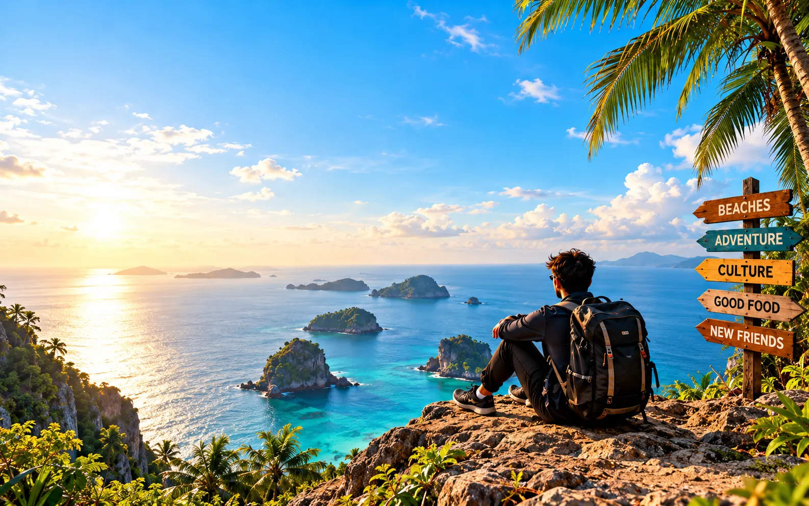 Backpacker sitting on a cliff above a turquoise bay with islands and a signpost to beaches, adventure, culture, good food and new friends