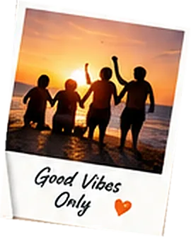 Polaroid of friends at sunset: Good vibes only