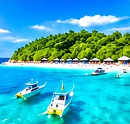 Speedboats moored off Coral Island's white-sand beach