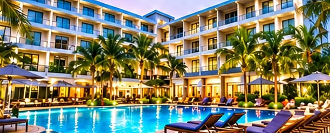 The Holiday Resorts Pattaya, pool and palm trees at dusk