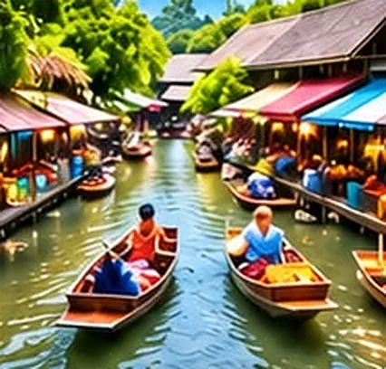 Boats on a canal at a Thai floating market