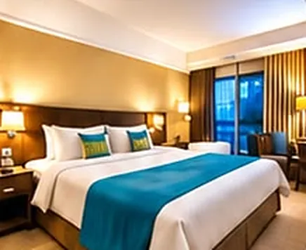 Hotel bedroom with a king bed