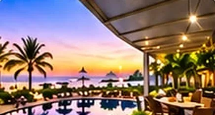 Poolside terrace restaurant at sunset