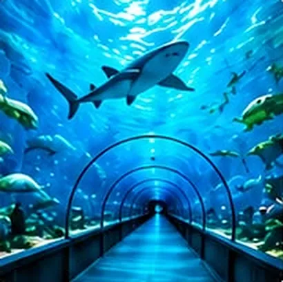 Shark swimming over the Underwater World aquarium tunnel