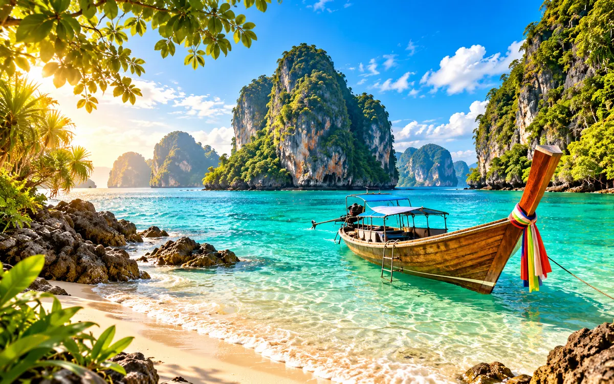 Limestone karst islands in a turquoise Thai cove with a longtail boat on the beach